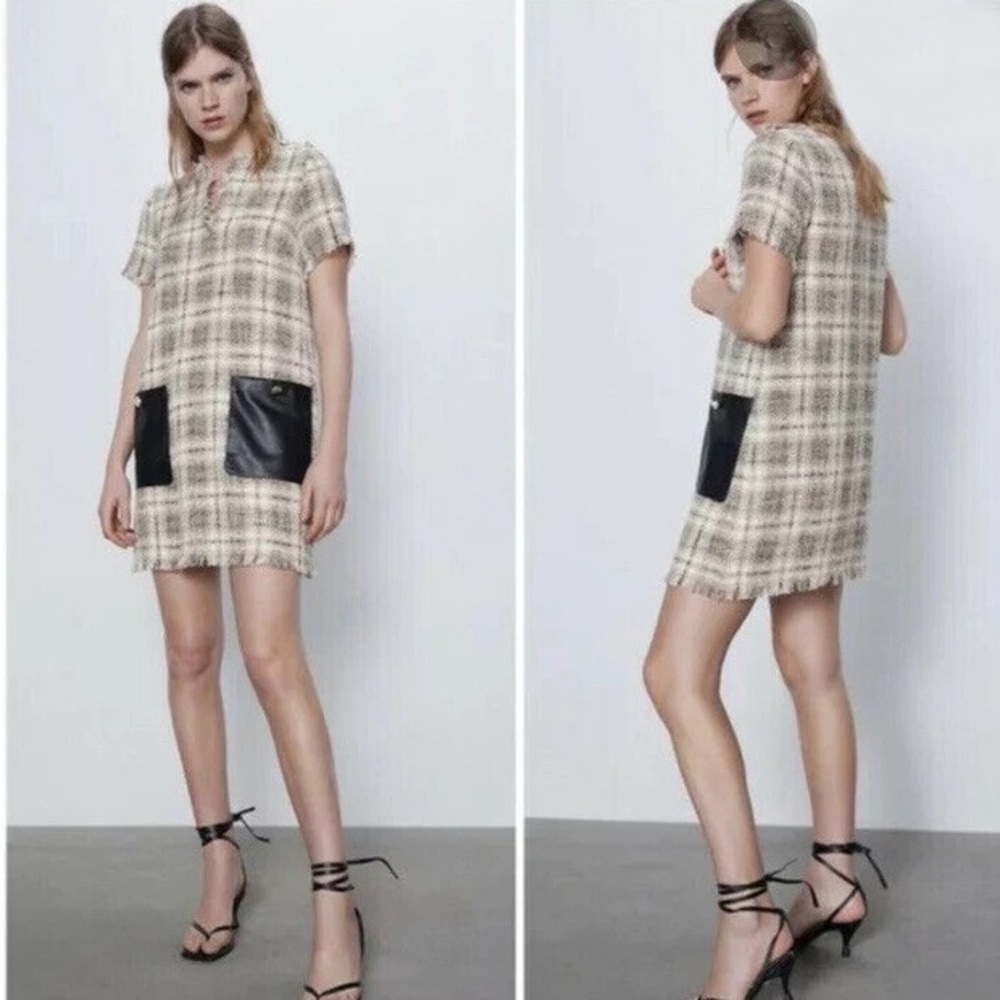 Zara plaid Tweed Mini Dress with faux leather Black pockets